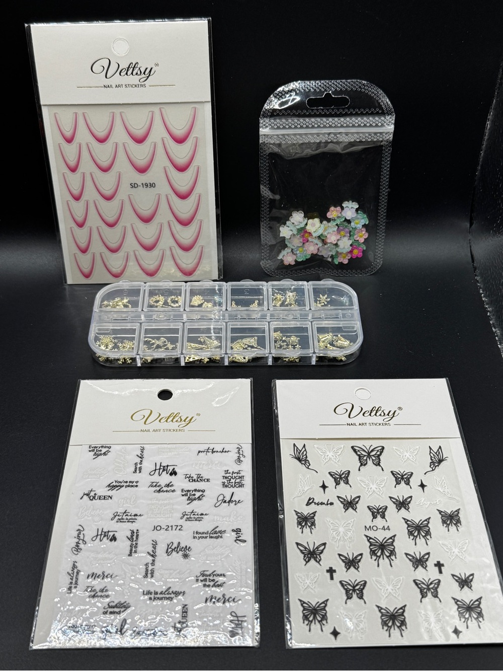 NIP Vettsy Nail Art Supplies stickers, Christmas charms, flower charms.